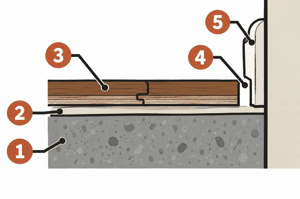 Diagram: cross-section of a floating engineered floor over underlayment on a concrete slab with a gap at the wall covered by a baseboard