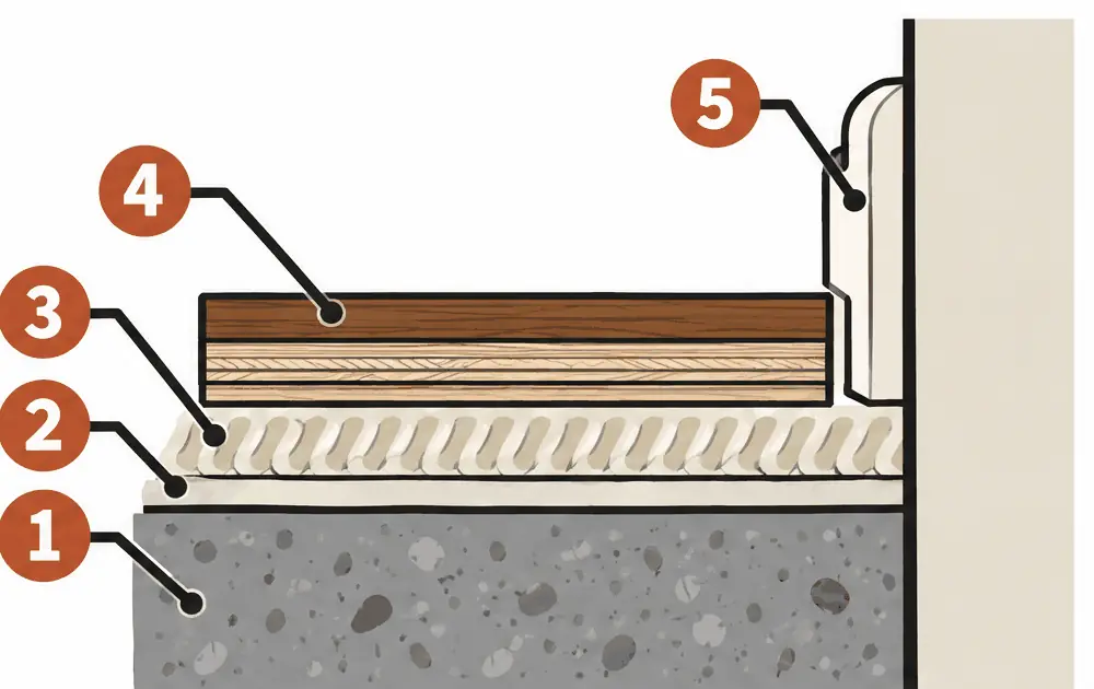 Diagram: cross-section of an engineered hardwood plank glued with a moisture barrier to a concrete slab, showing the wear layer, plywood core and adhesive