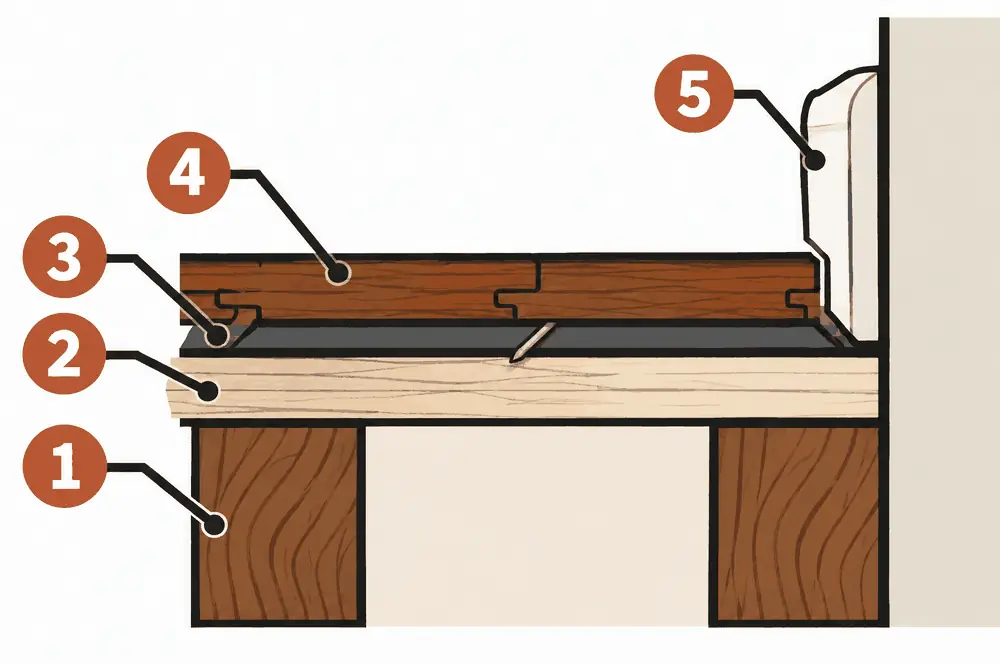 Diagram: cross-section of a solid hardwood floor nailed to a plywood subfloor over joists, with felt paper, tongue-and-groove boards, and a finish on top